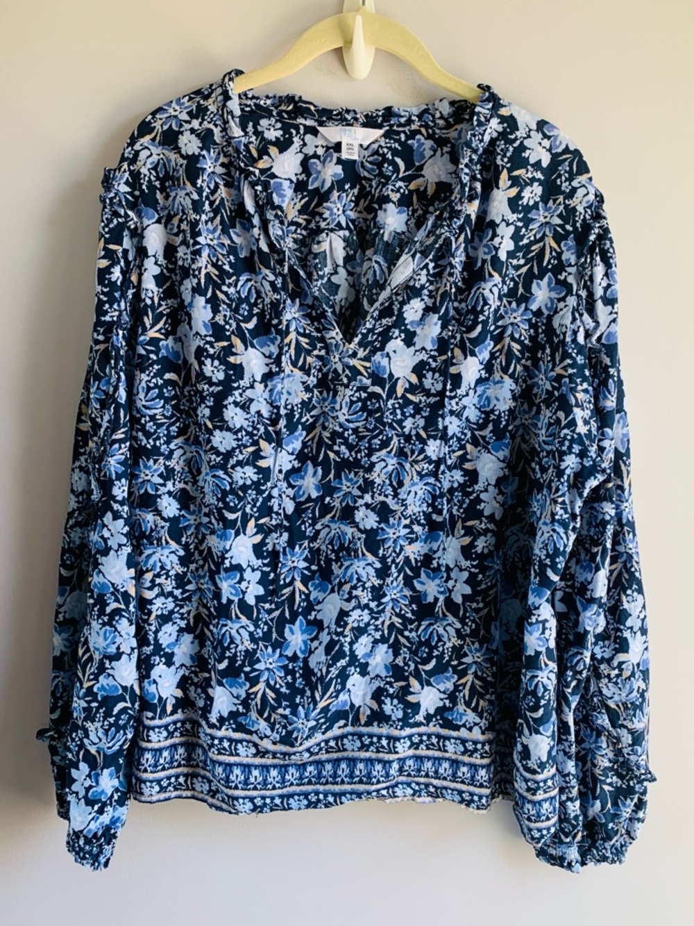 Time & Tru Blouse Top Blue Floral Long Sleeve Boho Feminine Business Casual XXL
